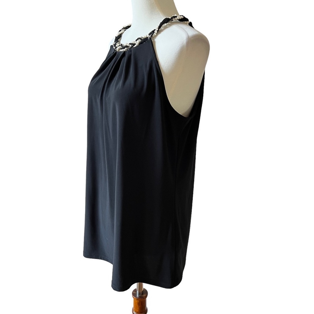 WHBM SLEEVELESS BLOUSE TOP PEARL BEAD NECKLINE BOW TIE BACK BLACK M NWT - Picture 4 of 12